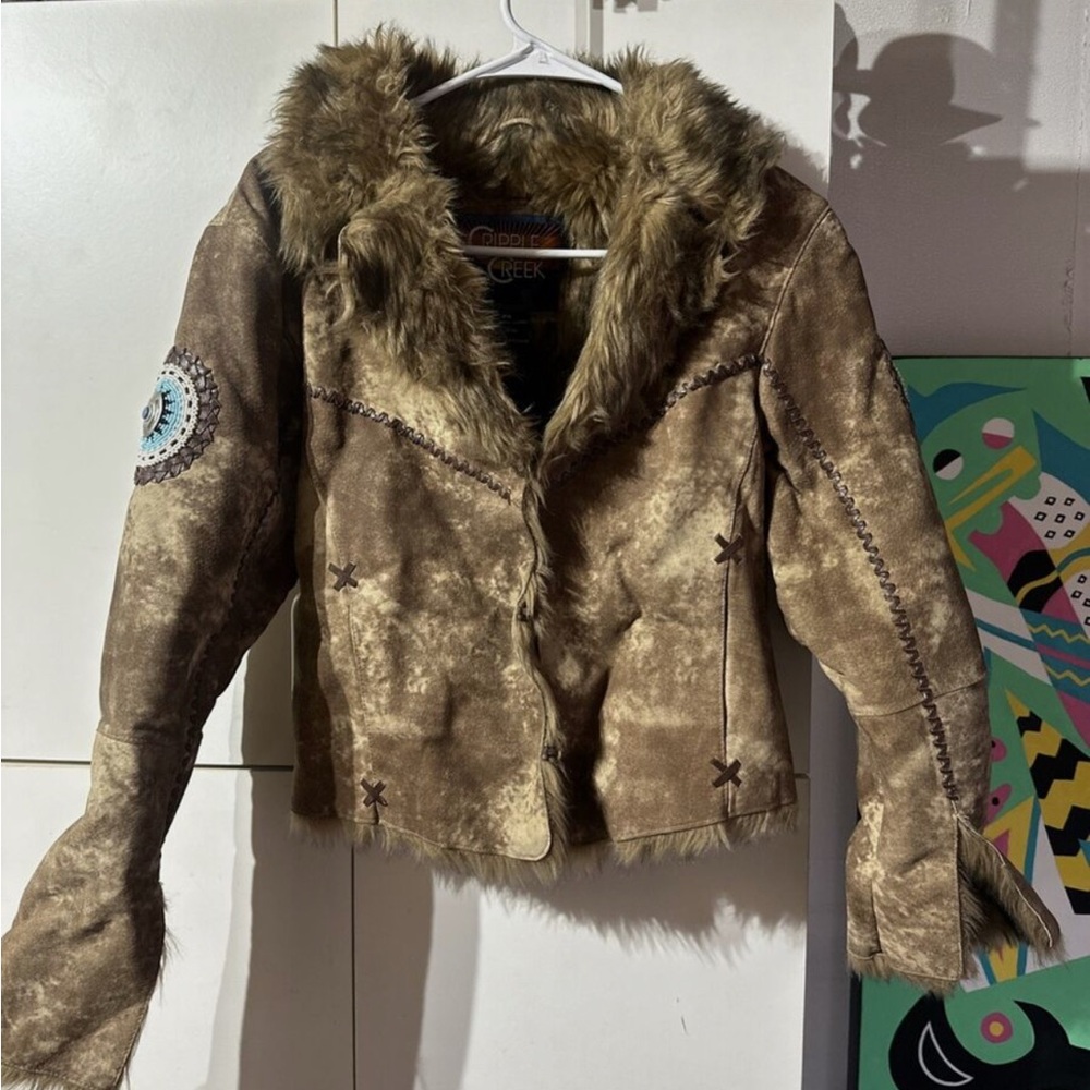 Cripple Creek RARE VTG Women’s Western Beaded Faux Fur Leather Jacket Coat XS